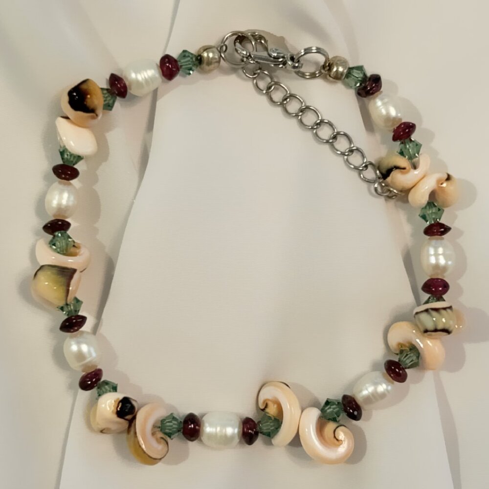 Popcorn Shell Bead & White Pearl Bracelet w/Garnets & Swarovski Crystals